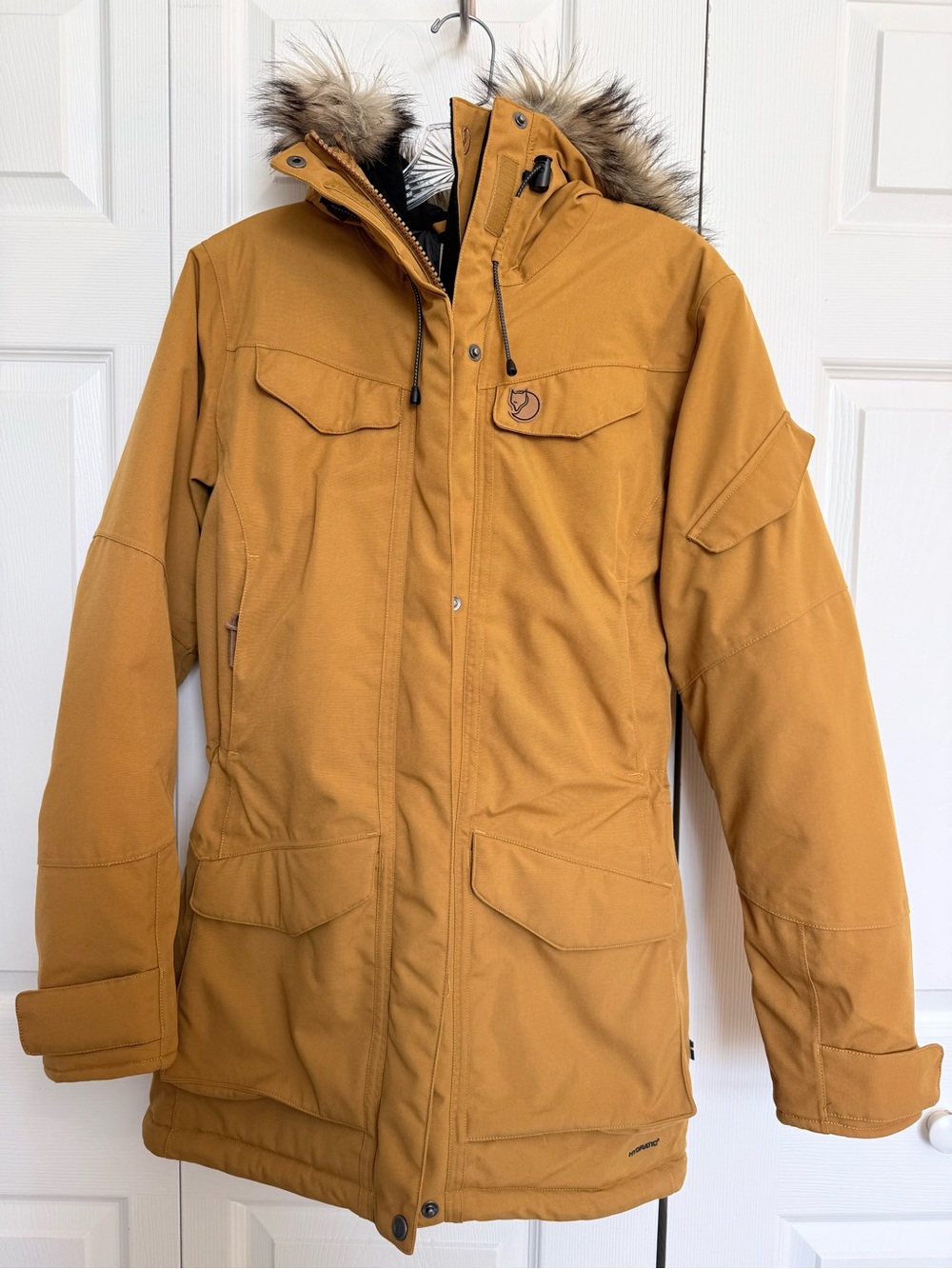 Fjallraven Women’s Nuuk Insulated Parka in Mustard Yellow with Faux-Fur Hood - Picture 2 of 10
